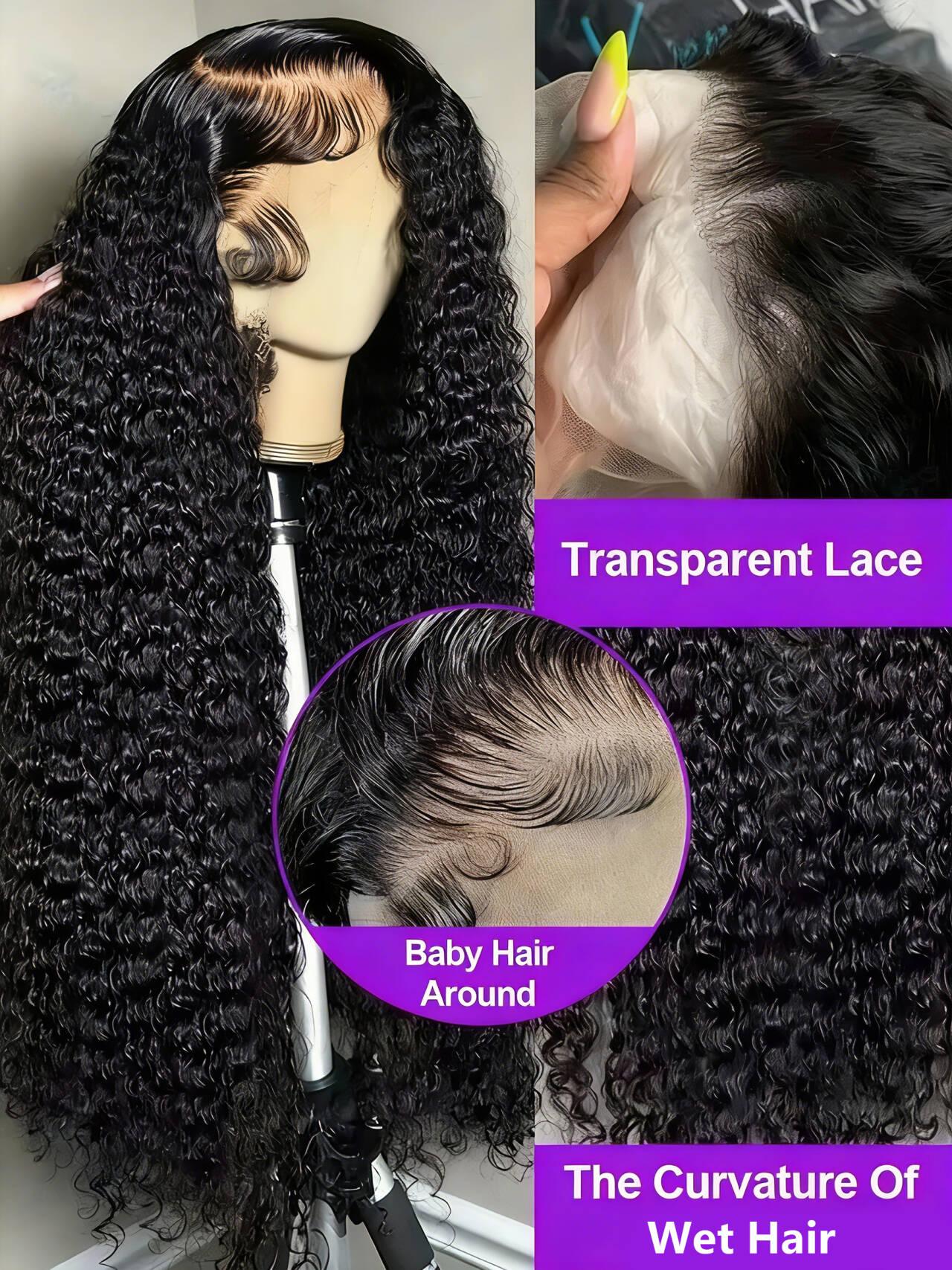 Kinky Curly Human Hair Hd Transparent Lace Wigs Pre Plucked Natural Hairline 180 Density 13X4 13X6 Water Wave Curly Human Hair Wig 30 36 Inch Lace Front Deep Human Hair Wig For Women Natural Color