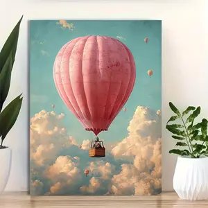 1pc, with Frame, 12x16inch [2D Flat] Pink Hot Air Balloon Floating in the Sky Cloudy Whimsical Wall Art Nursery Poster or Canvas Print, Hot Air Balloon Print, Girls Room Decor, 2D Flat, Perfect for Room Decor	