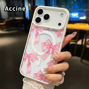 Magnetic Soft Case for iPhone 17 Pro Max 17 Air Non-Yellowing Drop Protection Transparent Acrylic Romantic Bows Pattern Shockproof Silicone Cover Supports Wireless Charging