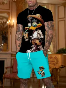 Men's Vintage Style Casual Summer Matching Set, Elastic Polyester Knit Fabric, Round Neck T-Shirt and Shorts, Unique Duck Print Design