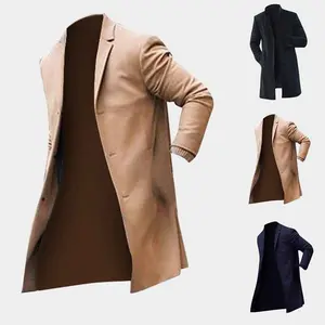 Men's Winter Trench Coat Classic Long Jacket Slim Fit Overcoat Khaki Black