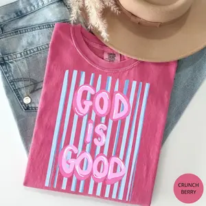 [Saleup to 74%] Comfort Colors God Is Good Shirt, Christian Faith Based Tee, Bible Verse Graphic T-Shirt, Striped Religious Top, Inspirational Church Outfit Gift