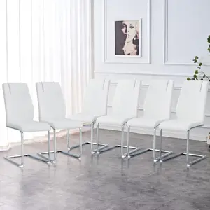 Set of 6 High-Back Dining Chairs, Modern PU Leather Kitchen Chairs with Silver Legs, Mid-Century Home Furniture for Living Room & Dining Room, Black