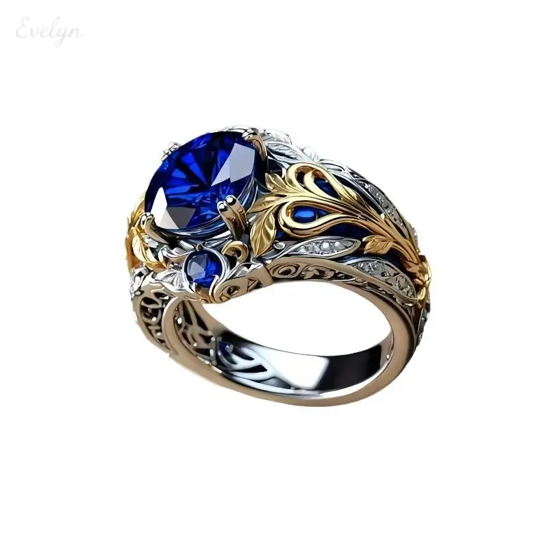 Botanical Style Ring with Leaf Motif, 2-Tone Gold & Silver Plated Wide Band with Oval Synthetic Amethyst, Vintage Statement Jewelry for Ring Stacks & Formal Wear, Stackable Rings