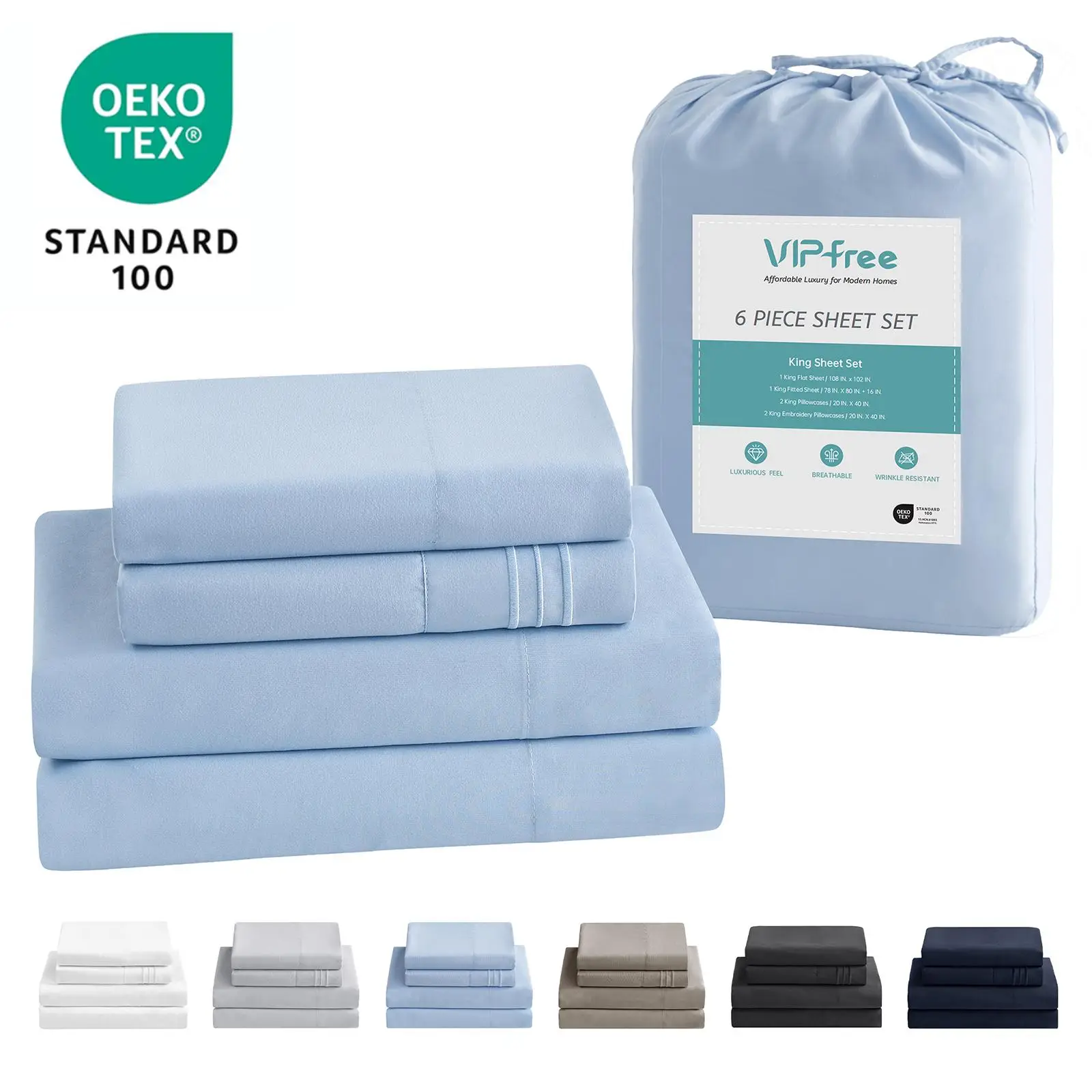 VIPfree FallFreshness Breathable & Cooling Sheets Hotel Luxury Bed Sheet Set Extra Soft Deep Pockets Easy Fit Oeko Tex