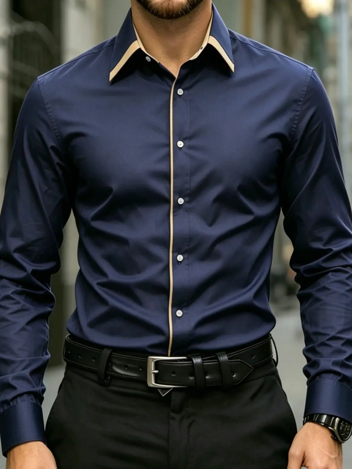 Men’s slim-fit button-down dress shirt, long-sleeve business casual shirt with contrast collar, formal work top for men, best Father’s Day gift for dad