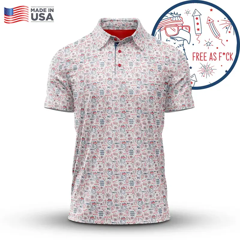 Funny 4th of July Golf Polo Shirt for Men, White Patriotic Casual Streetwear