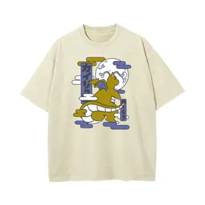Menswear Retro Fabric Short-Sleeve Pocket Monsters Dragonite Japanese Ukiyo-e Graphic Washed T-Shirt - Vintage Distressed, Oversized Loose Fit, Unisex Anime Streetwear Tee