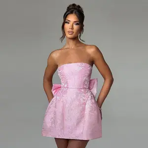 Women's fashion jacquard tube top bow dress summer new backless sequin mini dress Formal Womenswear