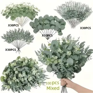 100 Artificial Decorative Eucalyptus Leaves Large Pack, Includes 4 Types of Eucalyptus Branches, Realistic Leaves, No Maintenance Needed