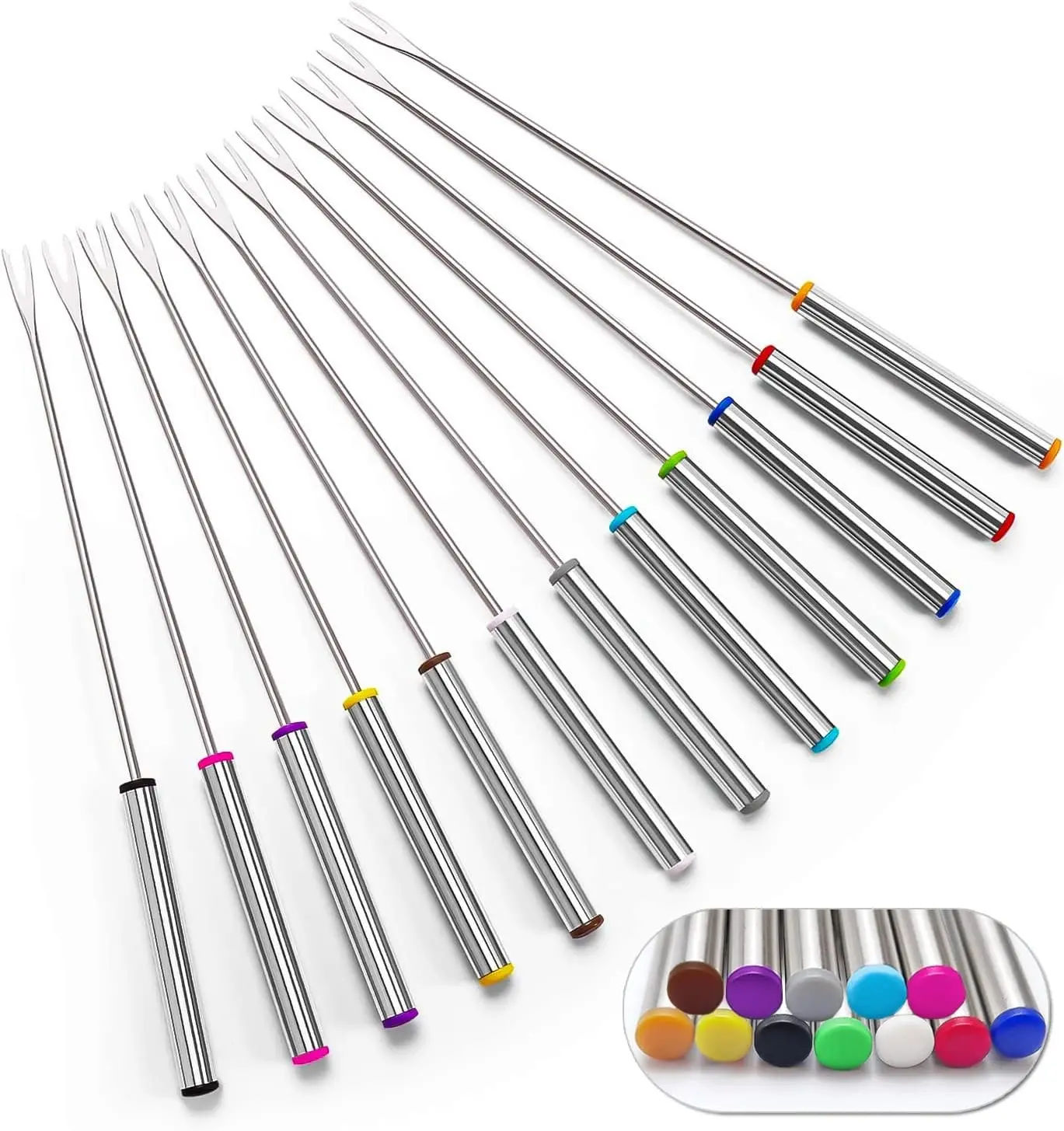 Set of 12 Stainless Steel Fondue Forks 9.5", Color Coded Cheese Fondue Forks Smores Sticks with Heat Resistant Handle for Chocolate Fountain Cheese Roast Marshmallows Dessert Fruits | Premium Stainless Steel, Color-Coded Grip, Ideal for Chocolate Fon