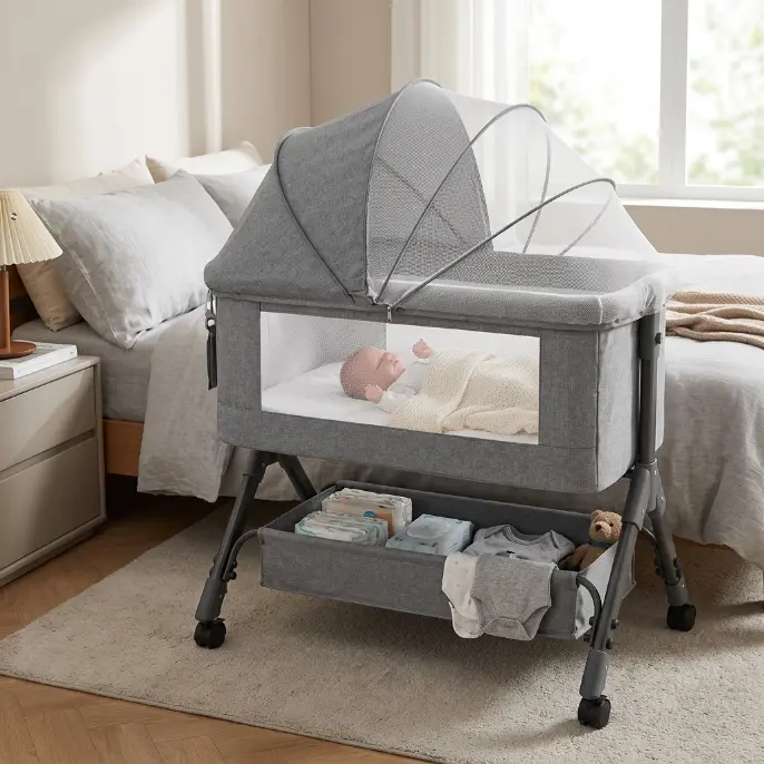 Toddler Beds 3-in-1 baby bassinet with Mattress, Ventilated Net &  360° Silent Swivel Wheels, 3 in 1 crib Bedside Sleeper For Newborn, Easy to Fold Portable