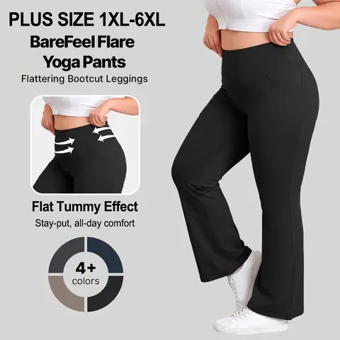 COOTRY Women's Plus Size High Waist Flared Leggings - Elastic Waistband, Glute Lifting, Breathable Synthetic Yoga Pants for Women with Pockets, 1XL-5XL Plain Stretch Flex Bottoms for 2 All Seasons Wear