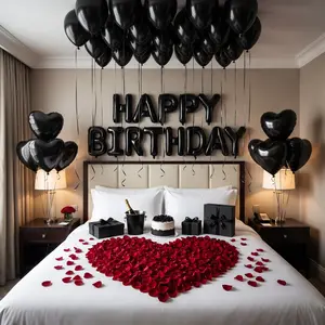 593 black birthday balloon sets, plus 500 pieces of simulated petals, 16-inch "Happy Birthday" and "18-inch heart balloon" suitable for theme party decoration, black theme decoration, adult birthday party, game night birthday decoration, festival balloons