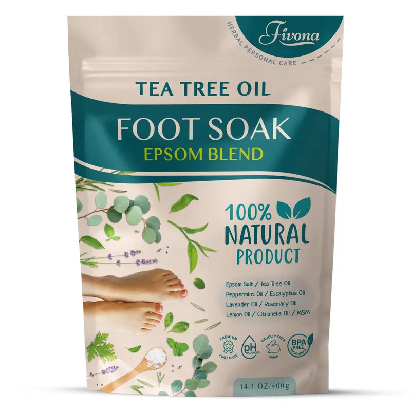 Fivona Tea Tree Foot Soak Blend (14.1oz) - Epsom Salt, Peppermint, Rosemary, Natural Oils for Adults, 20-min Spa, Tired Feet Relief After Long Days, Odor Neutralizer, Hydrating Care, Callus Softening, Healthy Toenails (24-Month Shelf Life)