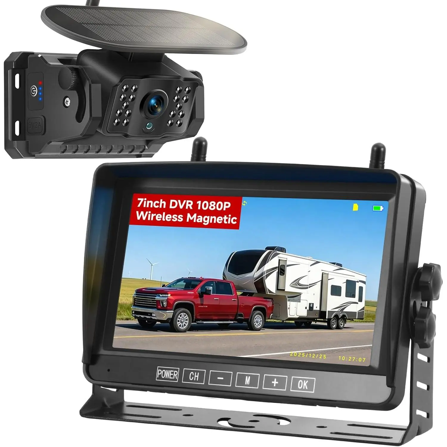 Magnetic Wireless Backup Camera for RV - 15000mAh Battery Solar Powered Reverse camera System with 1080P 7in Monitor, 500ft Stable Range 4CH Split Screen for Horse Trailer Truck Pickup Tractor