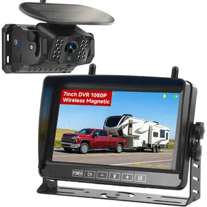 Magnetic Wireless Backup Camera for RV - 15000mAh Battery Solar Powered Reverse camera System with 1080P 7in Monitor, 500ft Stable Range 4CH Split Screen for Horse Trailer Truck Pickup Tractor