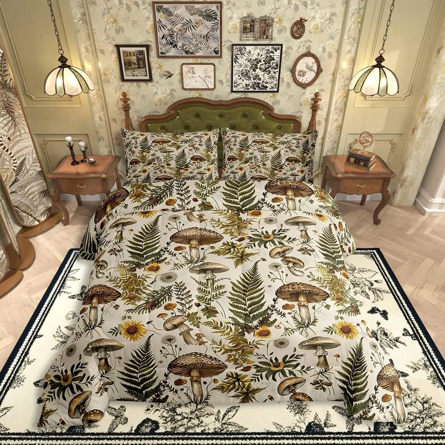 Mushroom Comforter Set,Botanical Leaves Vintage Flowers Bedding Set Adults,Retro Daisy Dandelion Jungle Plants Comforter Duvet Set