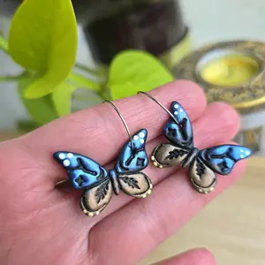 Butterfly Polymer Clay Hoops Earrings Blue and Brown Color Design Hypoallergenic Hoops Unique Butterfly Shape Jewelry
