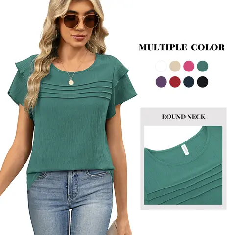 Women's Soft Breathable Fabric Crew Neck Blouse - Chic Ruffle Short-Sleeve 1-Piece Top with Pleated Front, Lightweight Loose Fit, Low Iron for Work, Evening Events
