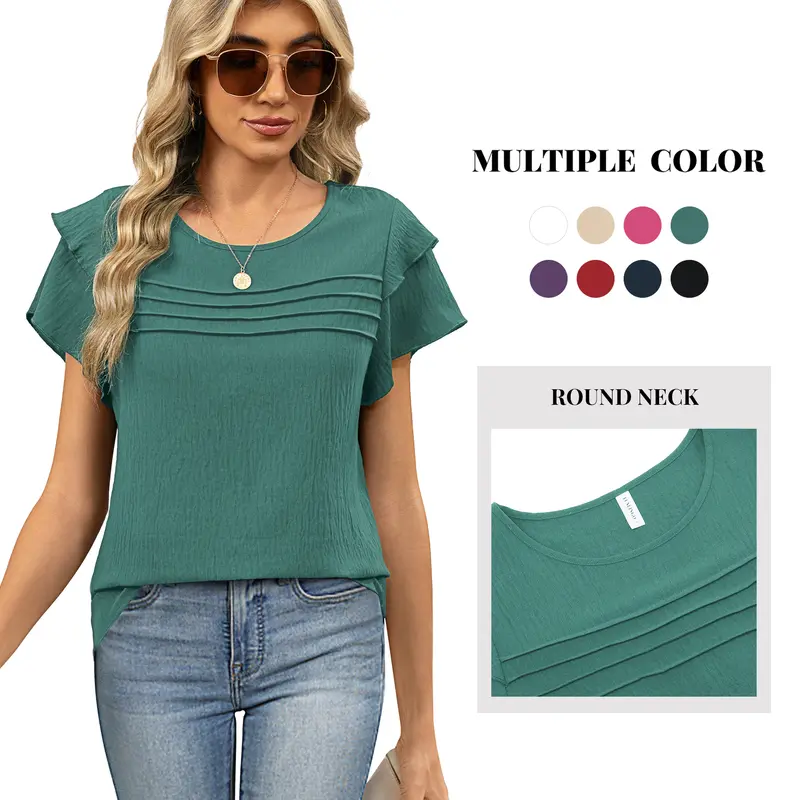 Women's Soft Breathable Fabric Crew Neck Blouse - Chic Ruffle Short-Sleeve 1-Piece Top with Pleated Front, Lightweight Loose Fit, Low Iron for Work, Evening Events