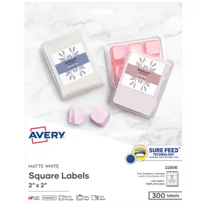 Avery Printable Square Labels, 2" x 2", Matte White, Laser & Inkjet Compatible, 300 Blank Labels Total (22806)