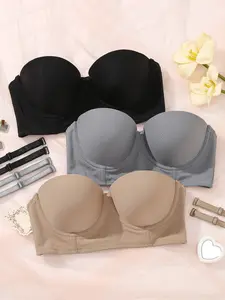 3pcsWomen's Seamless strapless Bra, Underwire Supportive push up and Lift Minimizer Bra，Convertible Adjustable Straps, Comfortable Soft, Smooth, Casual, Fit, Everyday ,  Daily Wear
