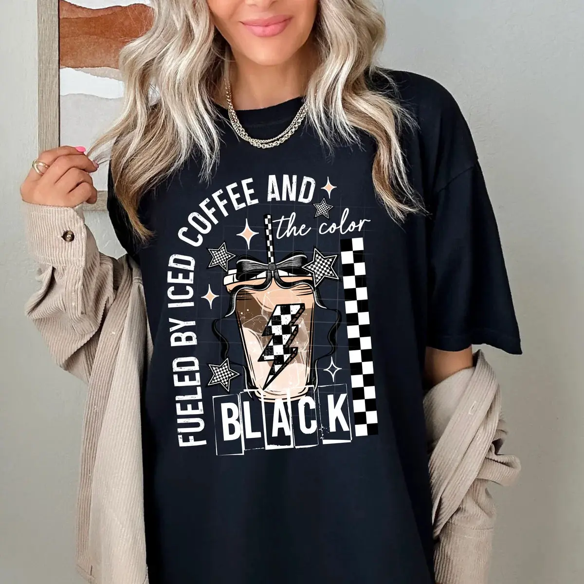 Fueled by Iced Coffee and The Color Black Womens Graphic T-shirt