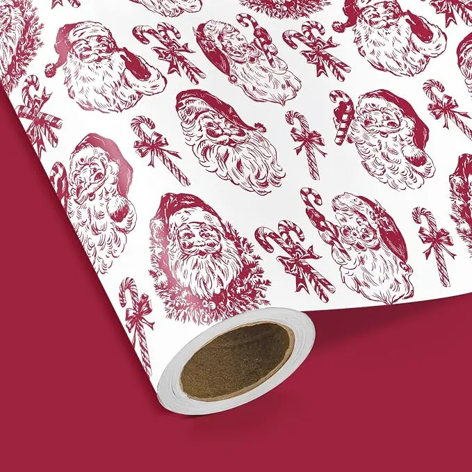 WRAPAHOLIC Christmas Wrapping Paper Roll, Vintage Holiday Gift Wrap with Santa, Candy Cane, Highland Cow, Horse, Snowflake & Toile Designs, Reversible Christmas Gift Wrapping Paper for Kids, Family, Holiday Party, Winter Celebration, 17 Inch x 16.5 Feet