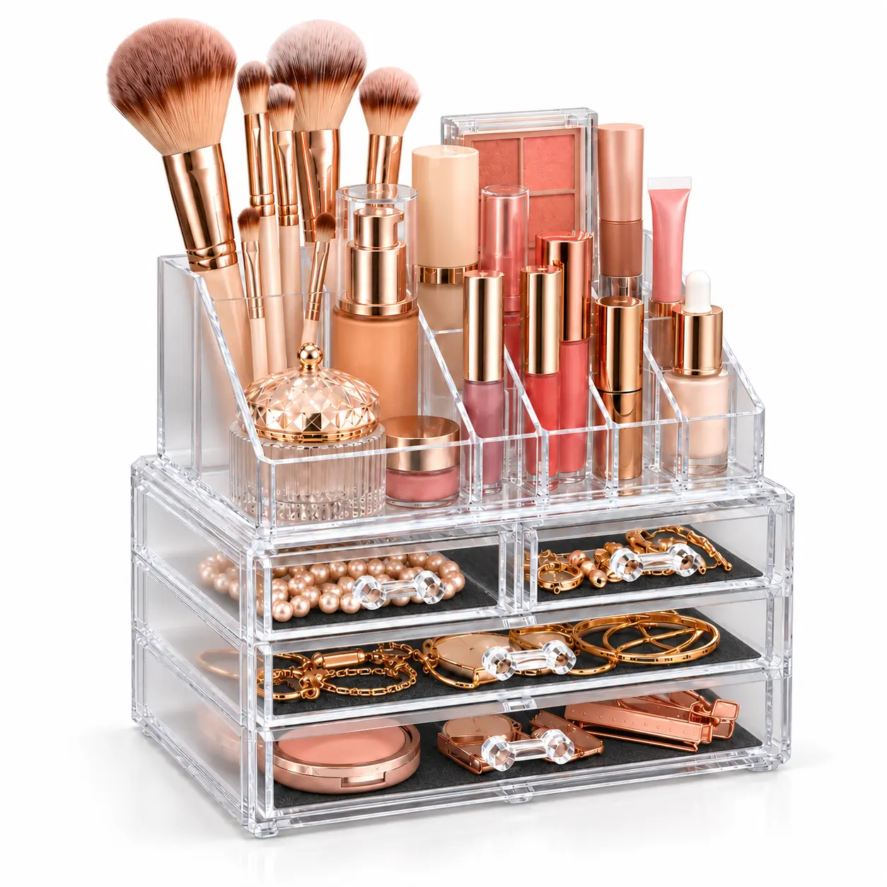 Clear Acrylic Makeup Organizer with 4 Drawers & 16 Top Slots, Stackable Vanity Storage for Makeup, Skincare & Jewelry