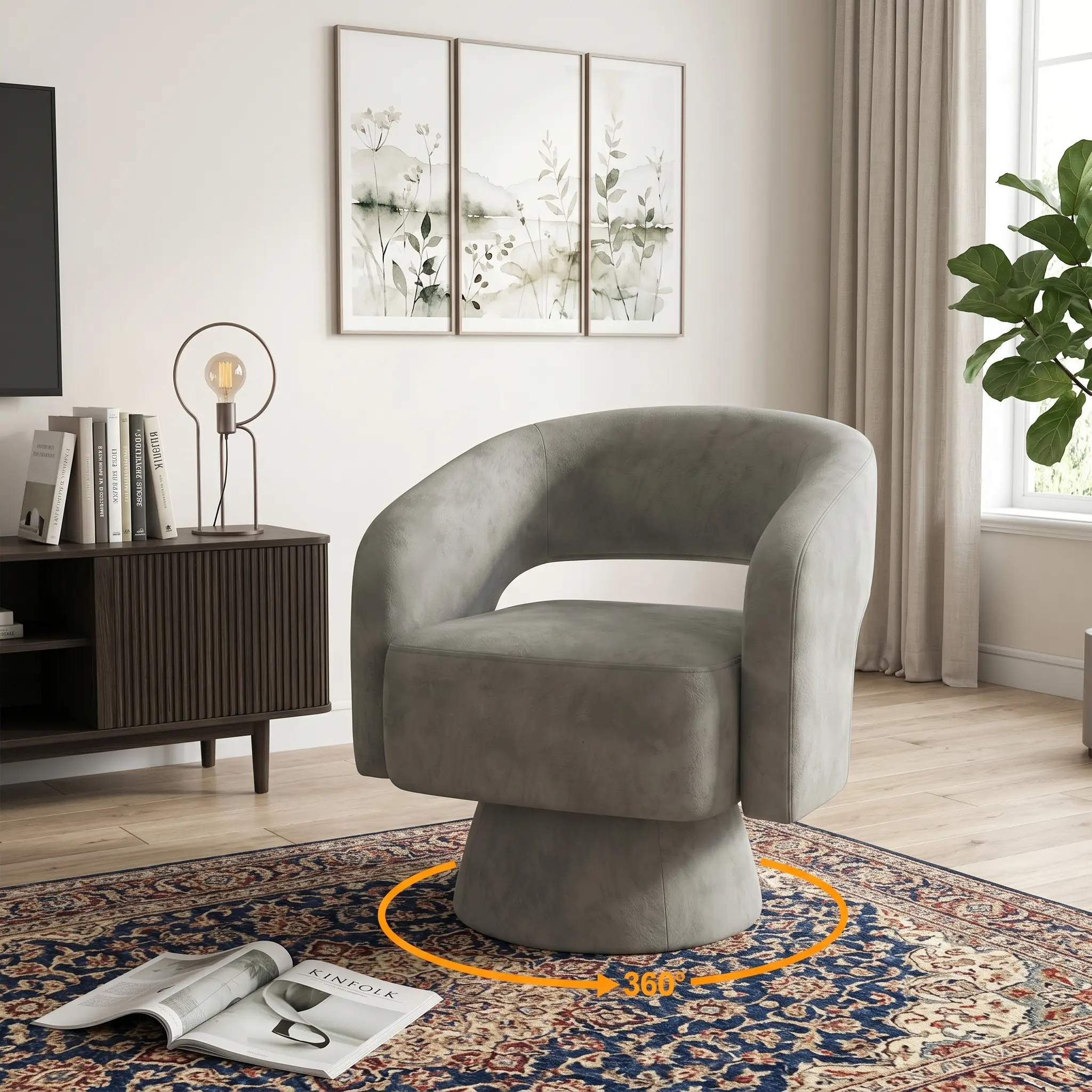 1PCS Velvet Swivel Barrel Chair - 360° Rotating Upholstered Accent Armchair with Functional Backrest, Body-Friendly Chic Cloud-Soft Tub Chair for Living Room, Home Office Indoor Furniture, Functional Tub Chairs, Backrest Tub Chairs