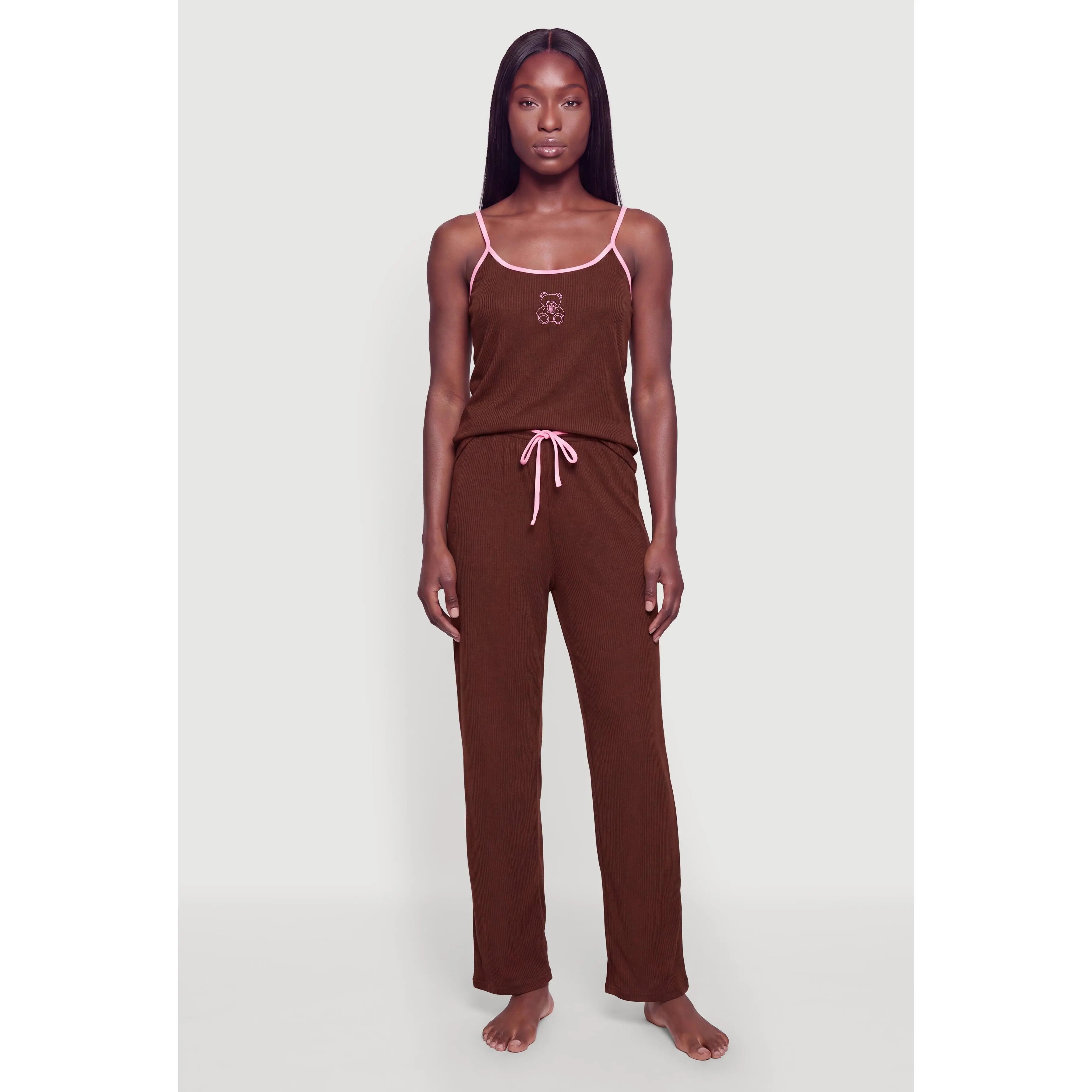 Teddy Bear Embroidered Pajama Cami and Pants Set