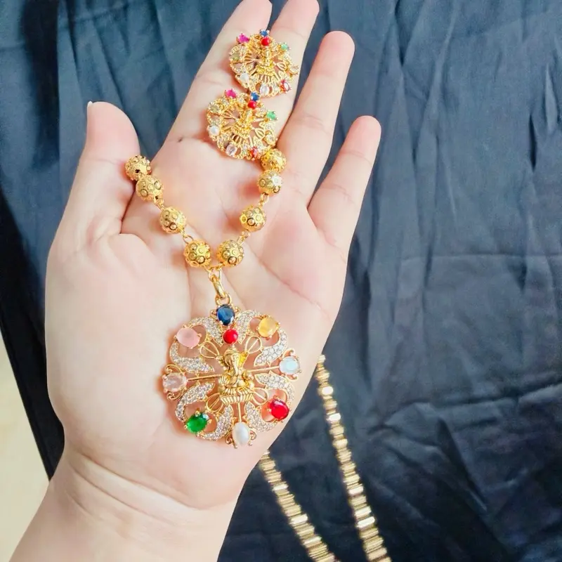 Women's 3-Piece Gold-Colored Jewelry Set - Gold-Tone Ball Necklace with Ganesh Navratna Pendant, Geometric Stud Earrings, Stylish Trendy Accessories, Ideal Jewelry Gift, Accessories Set, Jewelry Gift Set