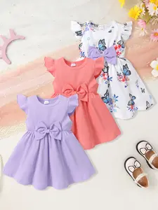 3-piece Cute, Fashionable, Casual And Comfortable Baby Girl Bow Decoration Floral Print Solid Color Ribbed Ruffle Edge Dress Gift Set, Suitable For Summer Daily Outings, Vacations And Parties