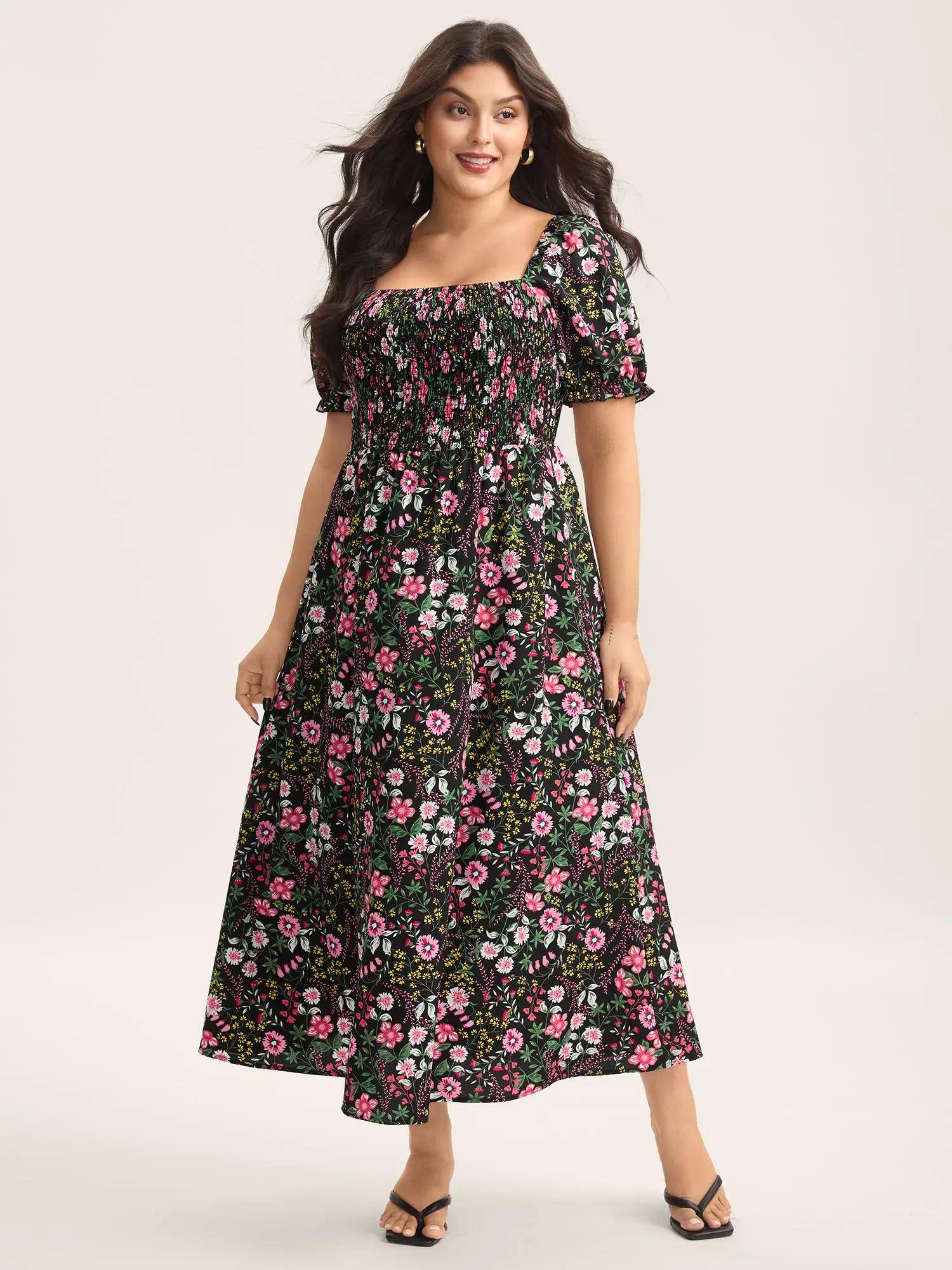 BLOOMCHIC Women's Plus-Size  Maxi Dress with Short-Sleeve Shirred Ditsy Floral Print - Curvy Fit Casual Wear with Pockets- Summerfinds