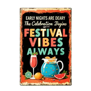 2D Flat - 1pc Early Nights Are Deary The Celebration Begins Festival Vibes Always With Cocktail And Pitcher Of Drink Surrounded By Citrus Fruits Metal Tin Sign Vintage Iron Wall Art with Floral Accents, Perfect for Home, Porch, Garden, Cafe, Bar, and