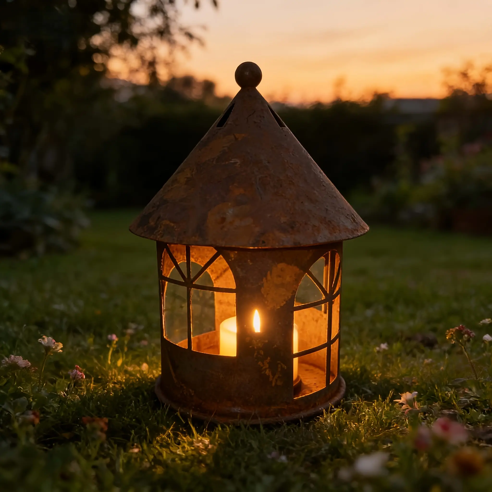 Rusty Vintage House-Shaped Freestanding 3D Metal Cabin Garden Statue - Decorative Retro Candlestick, Nostalgic Outdoor Home Patio Decor, Easy-to-Move Sculpture