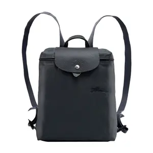 Longchamp Le Pliage Green 26 Backpack for Women – Solid Color Snap-Zip Closure, Recycled Canvas and Leather, Graphite Gray