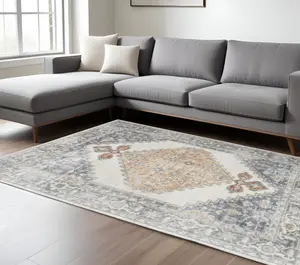 HomeRoots 521740 8x10 ft. Gray & Gold Floral Medallion Distressed Machine Washable Polyester Indoor Floor Rug, Durable Low Pile Rectangle Area Rug, Machine Washable Rug