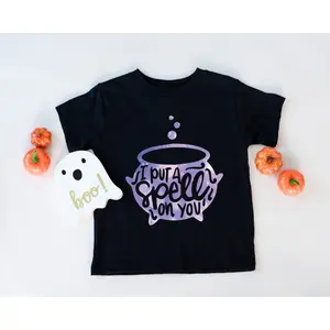Women's Halloween witchcraft and spooky fun Graphic T-Shirt - Short Sleeve Crew Neck Regular Fit Casual Wear | Soft & Breathable Fabric, Durable Print, Everyday Comfort, Machine Washable, festive and playful with Halloween-themed elements A flat-lay