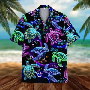 Neon Sea Turtle Hawaiian Shirt, Aloha Summer Beach Button-Down