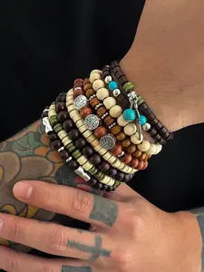Bohemian Style Turquoise Beaded Feather Pendant Bracelet Set, 9 Piece Jewelry Collection, Punk Style Alloy Material, All Seasons Wear