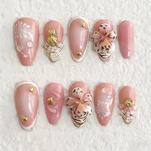 New Almond Pearl Flower Press-On Nails, Sweet Ombre Handmade Press Ons Seashell Nail Art, Perfect for Girls, Dates, Events, Travel