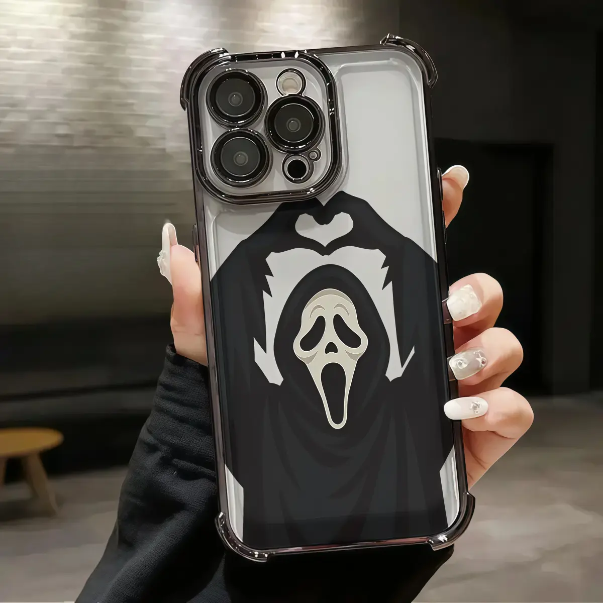Halloween Playful Ghostface Heart Gesture Protective Phone Case - Skin-Friendly, Anti-Slip, Shockproof, Durable, Aesthetic Full-Coverage TPU Casing with Cute Cat Bow Handle, Mobile Phone Accessories for iPhone 17/16 Pro Max/15/14 Plus/13/12/11 Pro Max, Sm