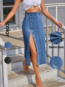 Women's Denim Midi Skirt, High Waisted Stretch Split, Button Front Design, Summer Casual Chic Fashion, Elegant A-Line Fit Womenswear