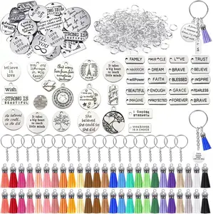 350Pcs Motivational Keychain Accessories Set with 50 Engraved Inspirational Words Charms, 50 Leather Keychain Tassels, 50 Keyring with Chain, 200 Open Jump Rings for Keychain Making, DIY Crafting