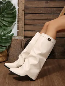 Women's Western Fold Over Knee High Boots, Suede & PU Wide Calf Chunky Heel Boots with Lock DetailWestern Fold Over Knee High Boots for Women, Suede & PU Chunky Heel Boots with Lock Detail, Retro Style Tall Boots for Casual & Festiva