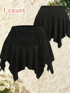Plus Size High Waist Drawstring Asymmetrical Ruffle Short Skirt, Sweet Cool Street Style, Slimming Casual Half Skirt for All Seasons
