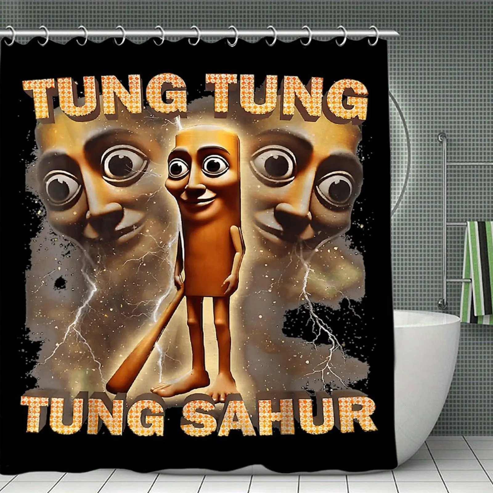 TUNG TUNG TUNG SAHUR Funny Food Waterproof Polyester Shower Curtain, Quick-Dry Fabric Bath Curtain for Bathroom Decor