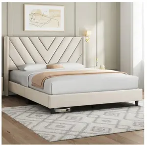 Queen Size Modern Upholstered Platform Bed with Slat Support, Beige